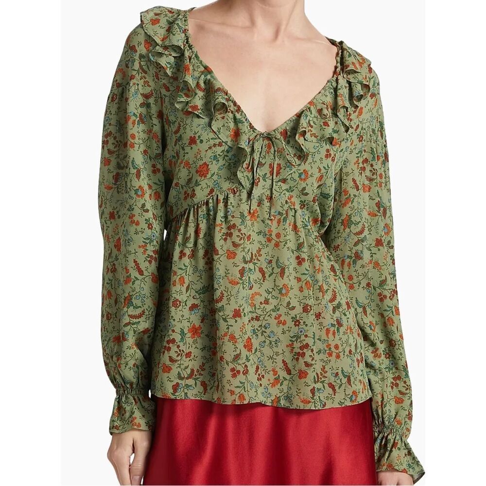 Reformation Wyn Floral Ruffled Top in green 4
